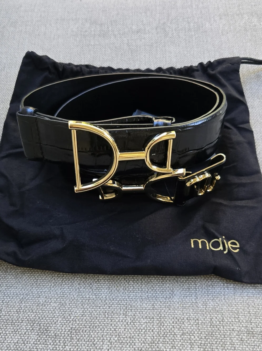 Maje Black Patent Belt with Gold Double-D Buckle